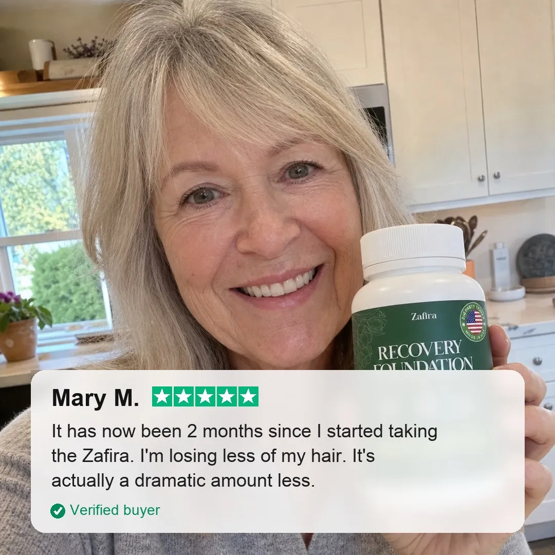 Mary M., a verified buyer, holding a bottle of Recovery Foundation in her kitchen