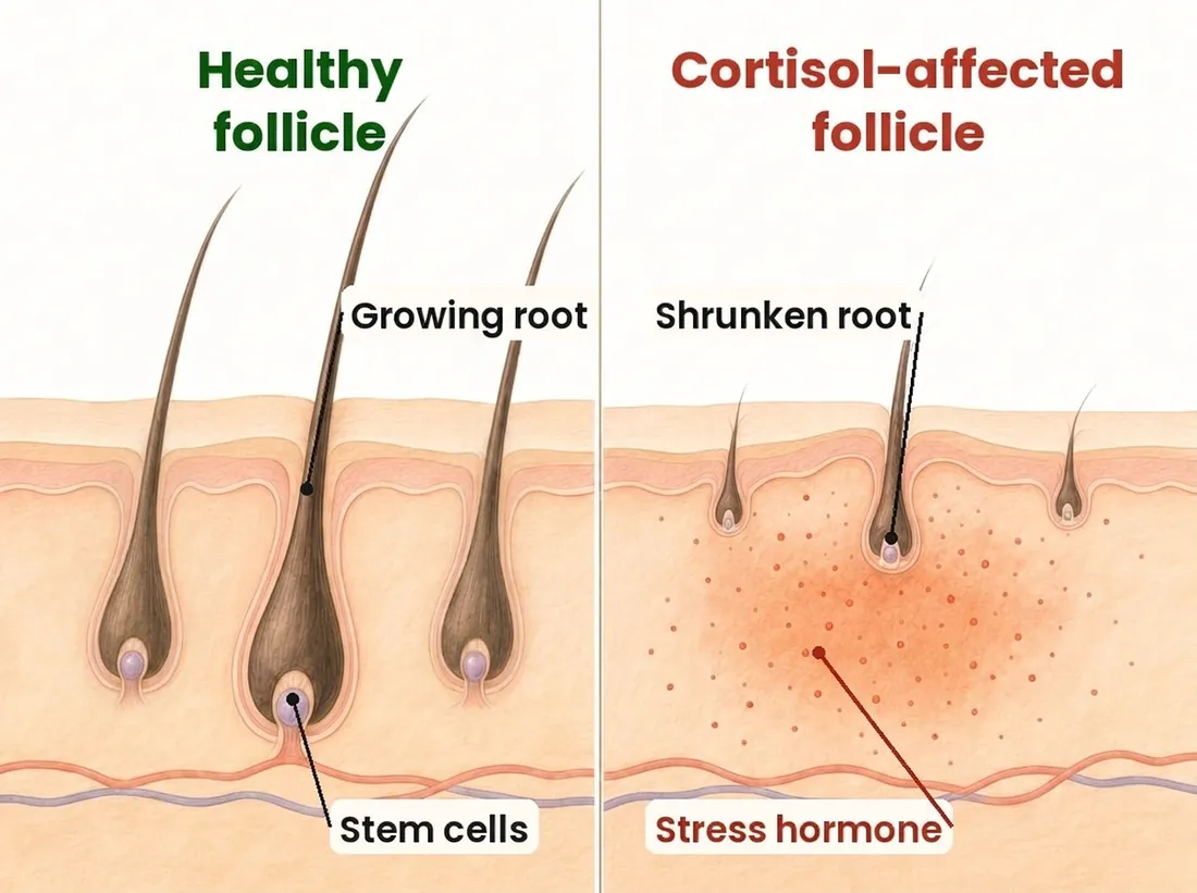 Healthy hair follicles next to ones affected by high cortisol