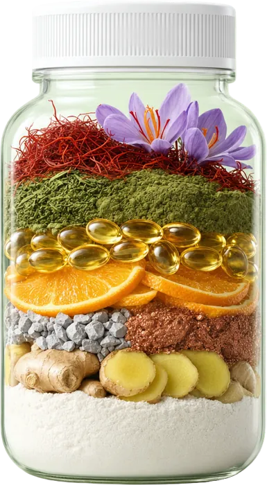 A jar layered with the ingredients in Recovery Foundation: saffron, L-theanine, vitamin D3, vitamin C, zinc, copper and ginger